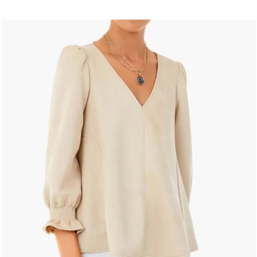 Tuckernuck Easton V-Neck Ruffles 3/4 Sleeve Top Shirt Suede Top Shirt Blouse M - Picture 7 of 15
